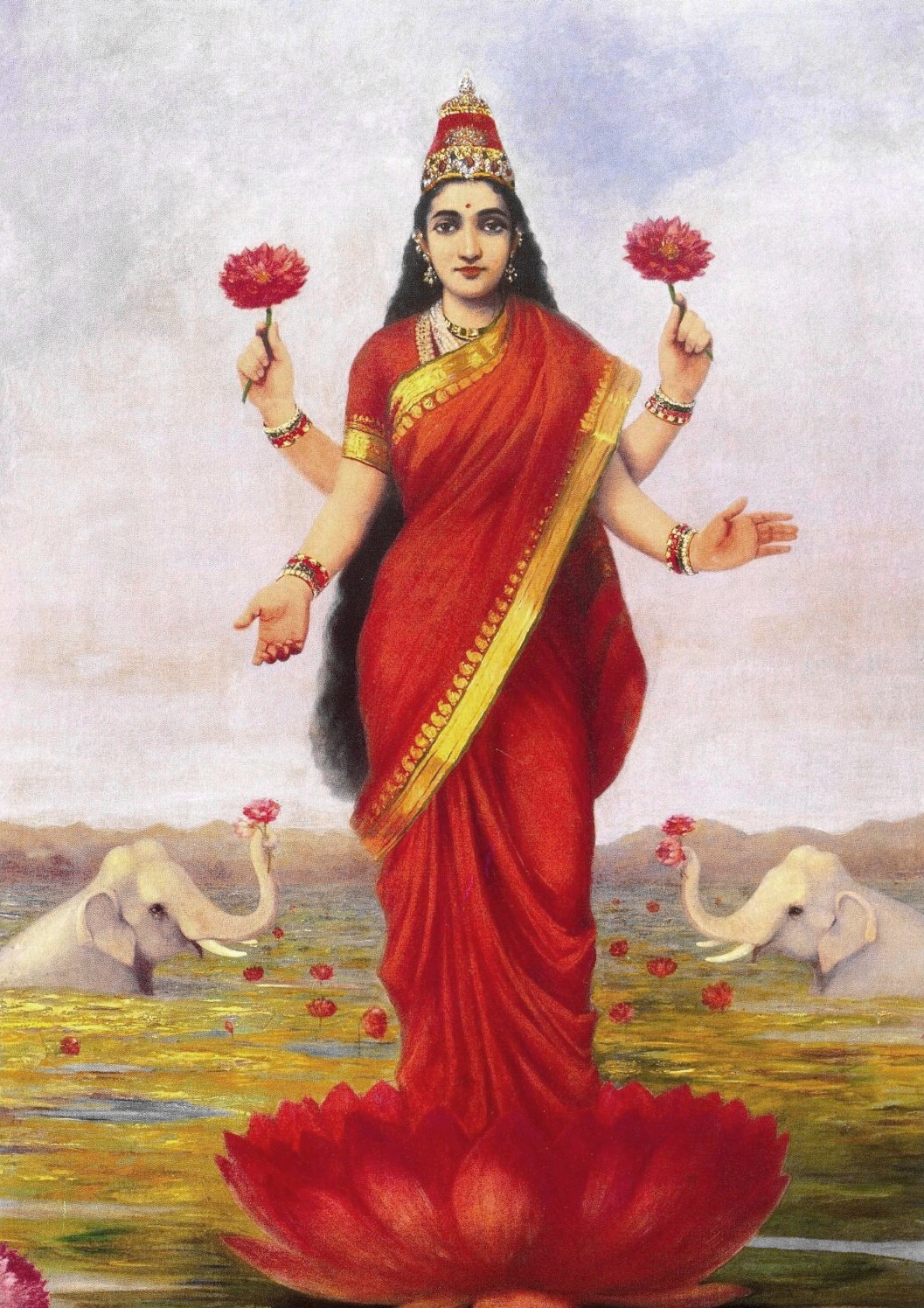 राजा रवि वर्मा द्वारा बनाई गई देवी लक्ष्मी की चित्रकारी, कमल पर विराजमान, 1896
